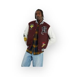 PacSun ࿊ DFW Varsity Patchwork Faux Leather Jacket ࿊ Burgundy ࿊ Men S ࿊ Women M